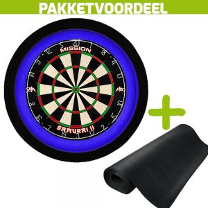 Mission Samurai 2 + Rubberen Dartmat 90*300 + Dartbordverlichting Deluxe (Blauw – Zwart)