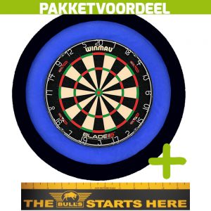 Winmau Blade 6 Dual Core + Bulls Throw Line Sticker + Dartbordverlichting Deluxe XL (Blauw – Zwart)