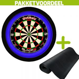 Winmau Blade 6 + Rubberen Dartmat 60*300 + Dartbordverlichting Deluxe (Blauw – Zwart)
