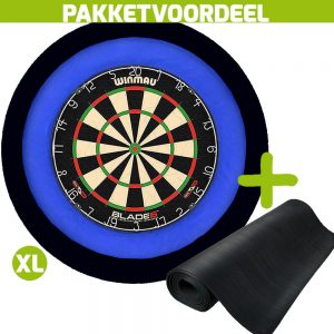 Winmau Blade 6 + Rubberen Dartmat 90*250 + Dartbordverlichting Deluxe XL (Blauw – Zwart)