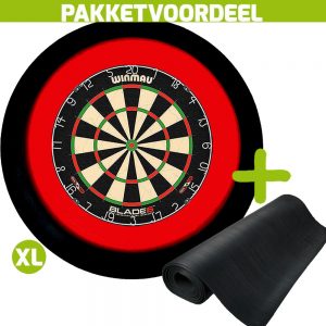 Winmau Blade 6 + Rubberen Dartmat 120*300 + Dartbordverlichting Deluxe XL (Rood – Zwart)