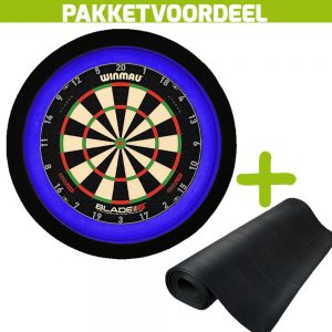 Winmau Blade 6 Triple Core + Rubberen Dartmat 120*250 + Dartbordverlichting Deluxe (Blauw – Zwart)