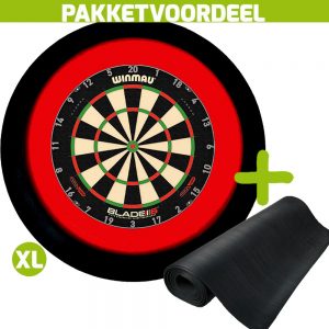Winmau Blade 6 Triple Core + Rubberen Dartmat 90*250 + Dartbordverlichting Deluxe XL (Rood – Zwart)