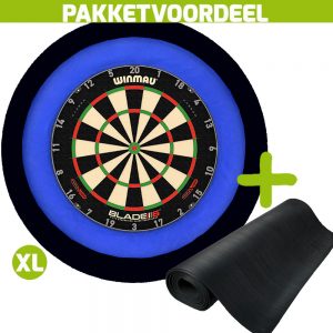 Winmau Blade 6 Triple Core + Rubberen Dartmat 60*300 + Dartbordverlichting Deluxe XL (Blauw – Zwart)