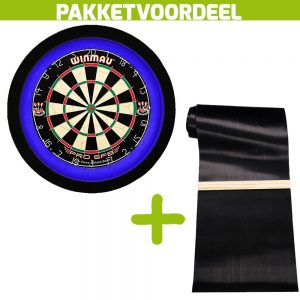 Winmau Pro SFB + Rubberen Dartmat 60*300 incl Oche + Dartbordverlichting Deluxe (Blauw – Zwart)