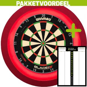 Dart Scorebord Voordeelpakket + Winmau Blade 6 Triple Core + Dartbordverlichting Deluxe (Rood)