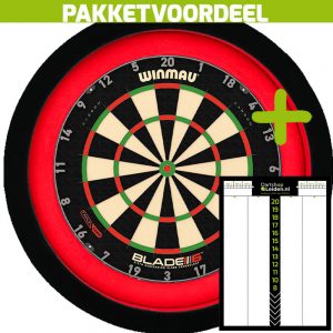 Dart Scorebord Voordeelpakket + Winmau Blade 6 Triple Core + Dartbordverlichting Deluxe (Rood – Zwart)