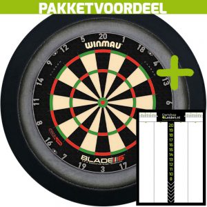 Dart Scorebord Voordeelpakket + Winmau Blade 6 Triple Core + Dartbordverlichting Deluxe (Zwart)