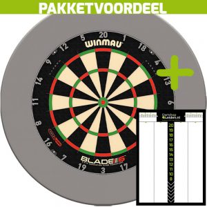 Dart Scorebord Voordeelpakket + Winmau Blade 6 Triple Core + Rubberen Surround (Grijs)