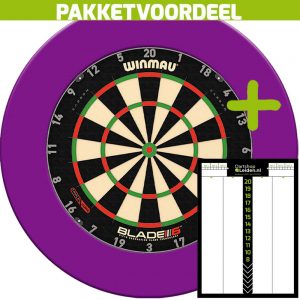 Dart Scorebord Voordeelpakket + Winmau Blade 6 Triple Core + Rubberen Surround (Paars)
