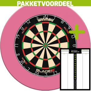 Dart Scorebord Voordeelpakket + Winmau Blade 6 Dual Core + Rubberen Surround (Roze)